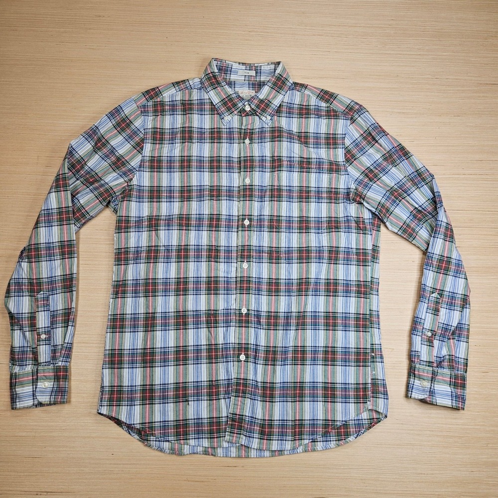 J. Crew Secret Wash Poplin Button Down Mens L Blue Plaid Slim Fit BN127 Preppy - Picture 2 of 11